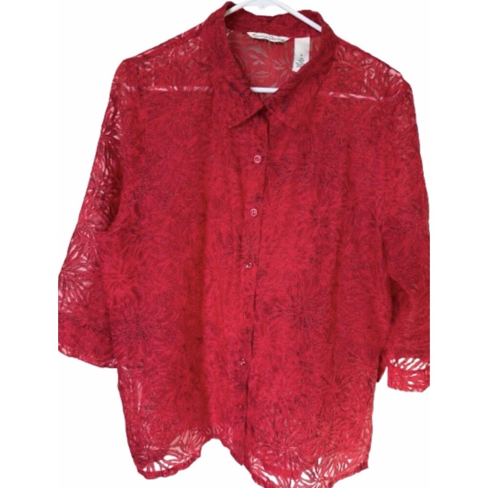 French Laundry Red Sheer Floral Burnout Lace Open Topper Jacket Womens L